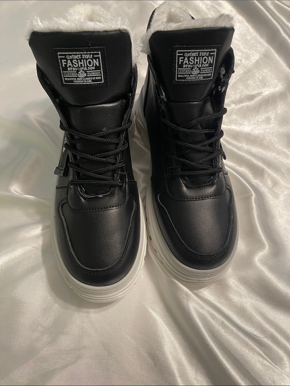 Black Faux Leather Fashion High-Top Winter Sneakers with White Sole